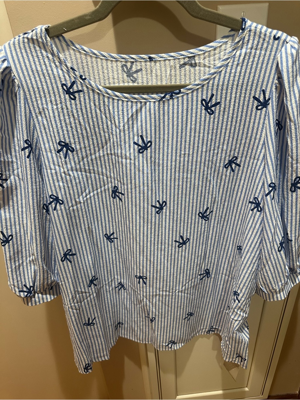 Striped Blue & White Women’s Blouse with Navy Bow Print